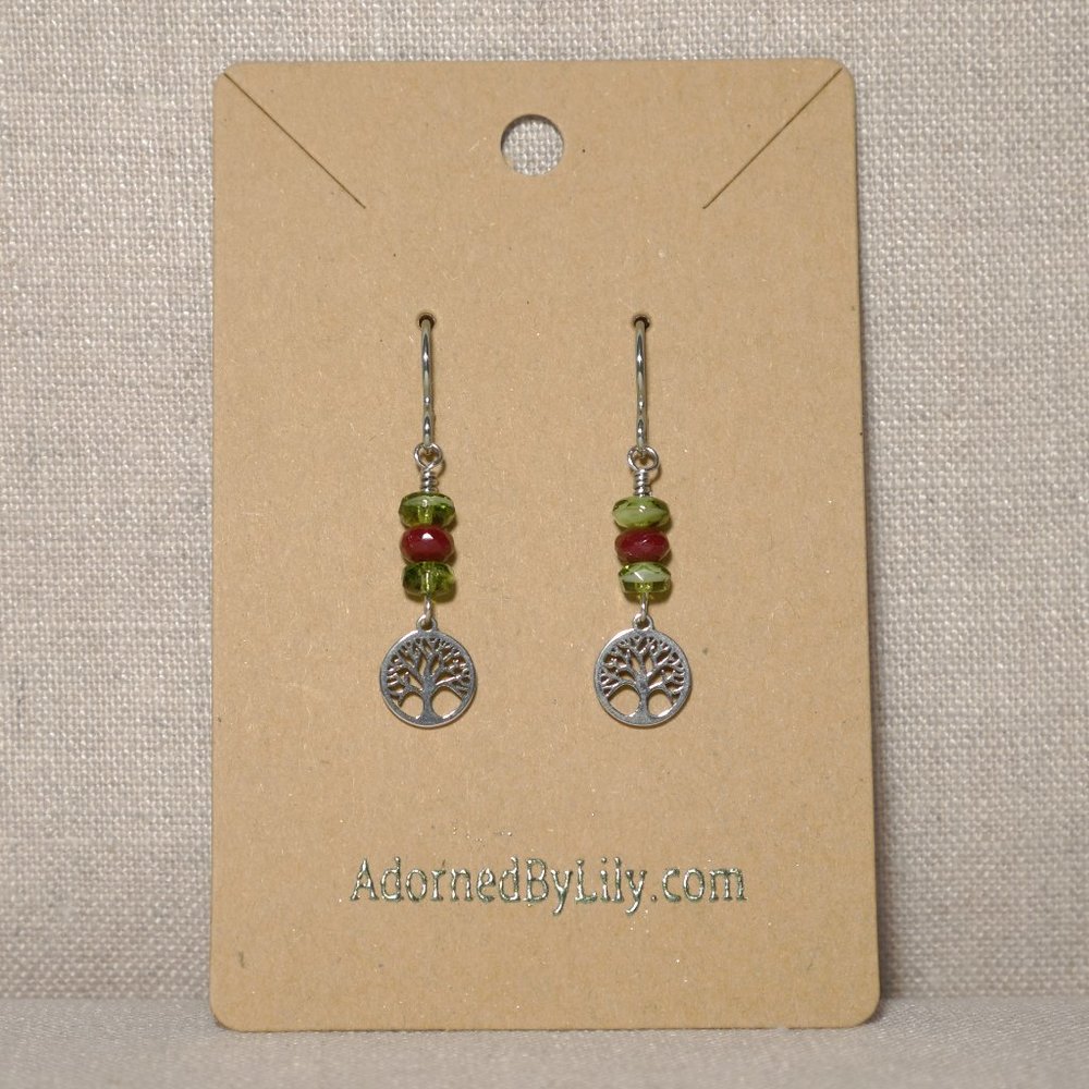 Hand Crafted Handmade Earrings Tree of Life with Red Green Czech Glass B… - Picture 2 of 4